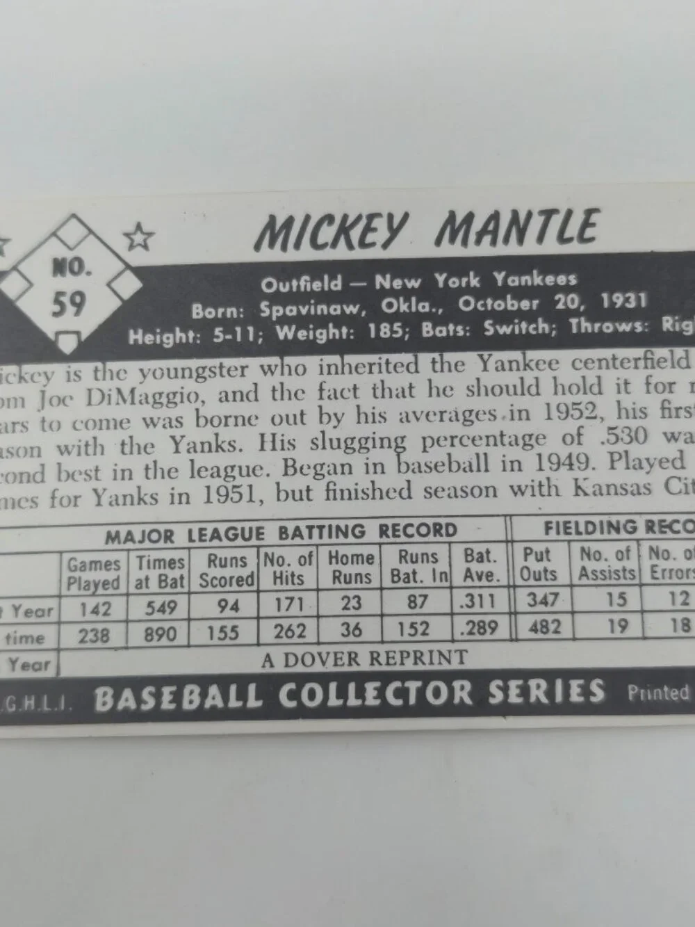 1985 Dover 1953 Bowman Color Reprints - Mickey Mantle #59